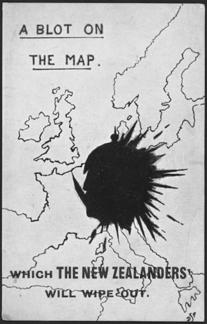 Postcard. A blot on the map which the New Zealanders will wipe out. Printed in England [1916?].