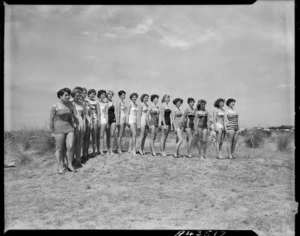 Contestants in a bathing beauty contest, Caroline Bay, Timaru - Photograph taken by E Woollett