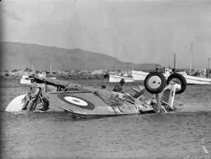 Blackburn Baffin biplane after crashing into the sea at Island Bay, Wellington