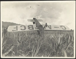 Guy Menzies Avro Avian aeroplane in a swamp at Hari Hari - Photograph taken by L A Inkster.