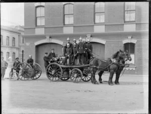 Christchurch Firebrigade with horse-drawn fire wagon, Lichfield St, Christchurch