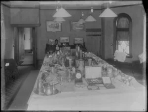 Display of gifts, presented on the occassion of Goss wedding, [Christchurch?]