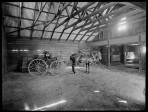 Horse and carriage at a livery stable