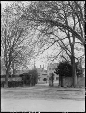 Entrance and gate leading to Memorial Hall at Christ's College, Christchurch