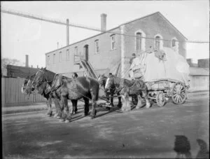 Wagon drawn by five draught horses