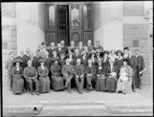 First annual meeting of the Society of Friends, gathered outside the Young Men's Christian Association building, Christchurch