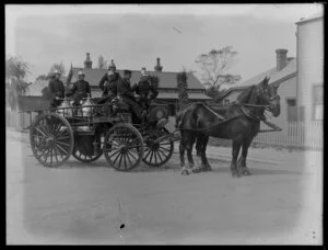 Christchurch fire brigade, with horse-drawn engine