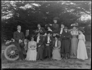 Adams and Hooper Wedding party, with large automobile