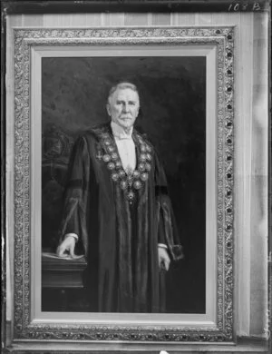 Oil portrait of Sir Thomas Kay Sidey, with academic robes, chain of office and decoration, by Richard Wallwork