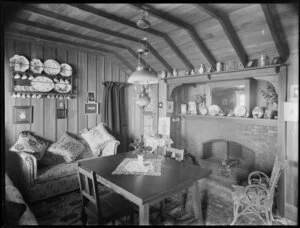 Interior of a house at Sumner, Christchurch, with display of crockery