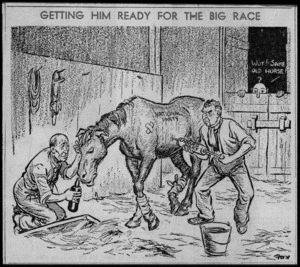 McAnally, I, fl 1930-1950s. :Getting him ready for the big race. The Standard, 11 July 1946.