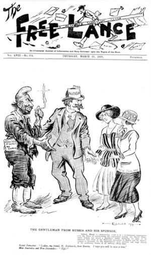 Glover, Thomas Ellis, 1891?-1938 :The gentleman from Russia and his sponsor. The Free Lance, 13 March 1919 (front page).