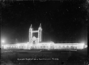 View of the Palace of Industries and towers, Auckland Exhibition, taken at night to show the illuminations