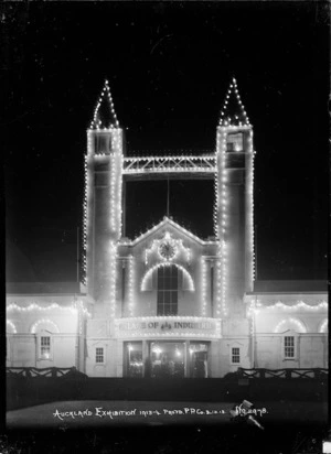 View of the Palace of Industries and towers, Auckland Exhibition, taken at night to show the illuminations