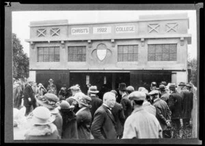 Group of adults outside Christ's College, Christchurch