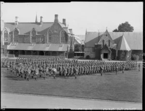 School cadets on quadrangle at Christ's College, Christchurch