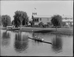 Boating, three oarsmen in a canoe, Avon River, Christchurch