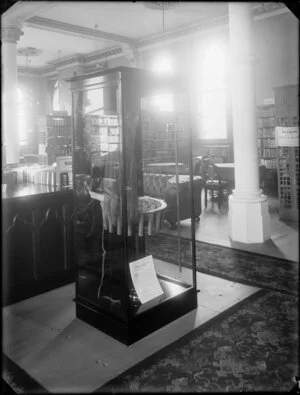 Interior view of the General Assembly Library, Wellington, including a large glass display case