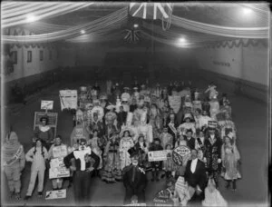 Costume party on roller skates, representing named Christchurch firms