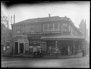 Group of corner shops, Christchurch, including R Thompkins underskirt specialists, and Woodward & Company tobacconists