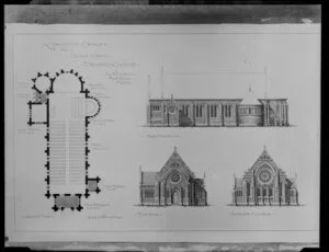 Plan and elevation drawings for the competitive design of a chapel at Whanganui College, by S & A Luttrell Architects, Christchurch