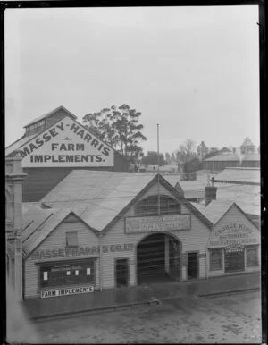 Exterior of Massey-Harris farm implements, Royal Exchange Assurance, and George King Auctioneers, Christchurch