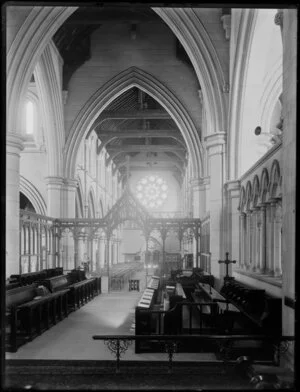 An interior view of Christ Church Cathedral, including stalls