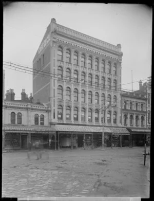 High St, Christchurch, featuring the building High Street Chambers, and including signs advertising the tailor J Preece, Gough's Footwear, and Cafe Cecil