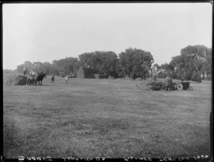 Men making a haystack at Longlands, Hawke's Bay