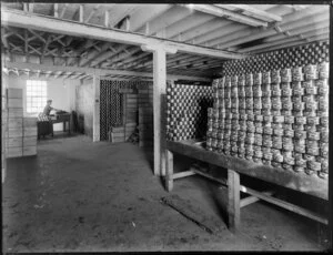 Cannery at Christchurch Meat Company, with cans and canned goods