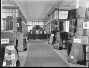 Showroom for Kaiapoi Woollens, with display of wares, Christchurch
