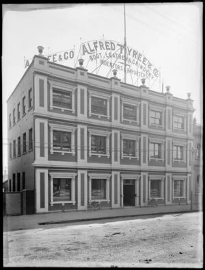 Signage on premises of Alfred Tyree & Co, Boot Leather & Grindery, indentors and importers, Christchurch