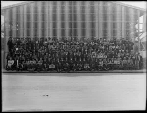 Group photo of staff of P & D Duncan Ltd., agricultural implement makers of Christchurch