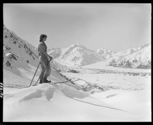 Skier on slope of Ball Glacier, Mt Cook - Photograph taken by K V Bigwood