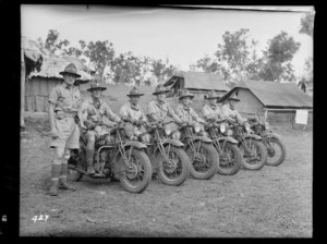 New Zealand soldiers on motorbikes, in the Pacific, during World War II