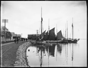 Waterfront scene in Nelson, with trading vessels berthed in the harbour