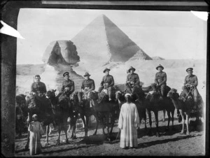 World War I soldiers on camels before the Sphinx and Great Pyramid, Gizeh Desert, Egypt