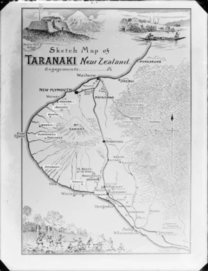 Photograph of a map of Taranaki showing sites of engagement during the New Zealand wars