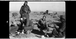 New Zealand soldiers having lunch during the Libyan advance, World War II
