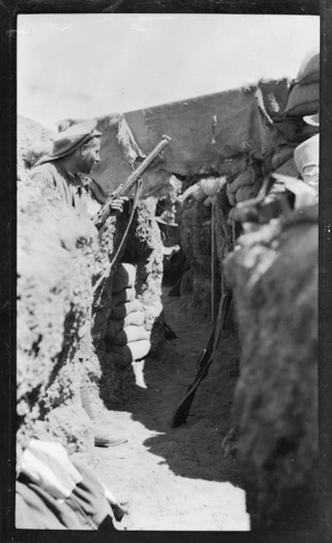 Australian WWI soldiers in the firing trench at Popes Post, Gallipoli, Turkey