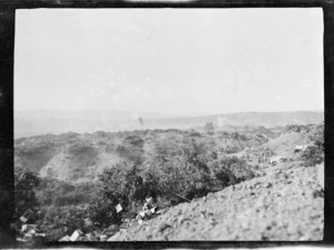 Landscape and shell explosions, Gallipoli Peninsula, Turkey, during World War 1