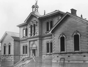 Te Aro School under demolition to make way for the Children's Dental Clinic, Willis Street, Wellington