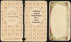 Eastbourne Carnival Football Queen No. 3 dance programme [1923. Cover and Pompeia perfume card, blank side].