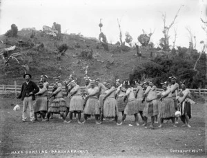 Taare Waitara and haka party, Parihaka, 1890s
