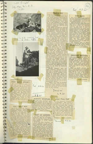 Page from scrapbook including two photographs of L D Austin holding his dog, Mae