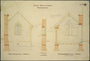 Beatson, William, 1808?-1870 :Saint Pauls Chapel Rotherhithe. No 18. East elevation of vestry, Section through Aumbrye, Transverse section of vestry looking east. [1849].