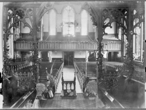 Interior view of St Peter's Church, Wellington, decorated for a harvest festival.