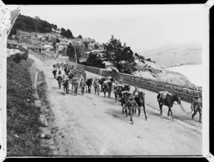 Creator unknown : Photograph of World War I troops and their horses arriving at Lyttelton, Christchurch
