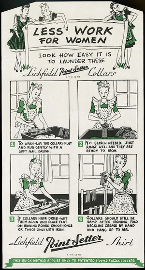 Lichfield Shirts :Less work for women; look how easy it is to launder these Lichfield Point-Setter collars. R.T.M. 32715. [1940s].