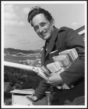 James K Baxter on his postal round in Khandallah, Wellington - Photograph taken by an Evening Post staff photographer